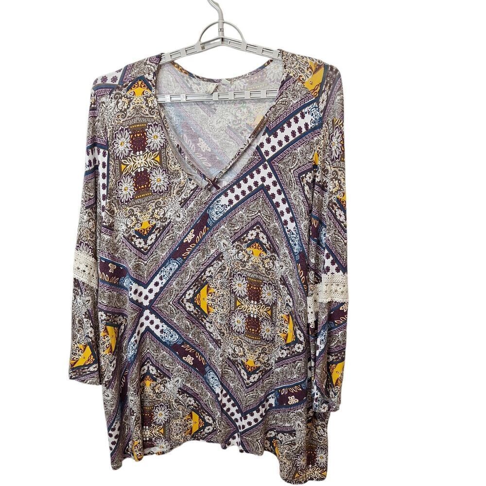 Cato Woman Pullover V Neck Tunic Top 26/28W Brown Multiโ Bell Sleeves Crochet